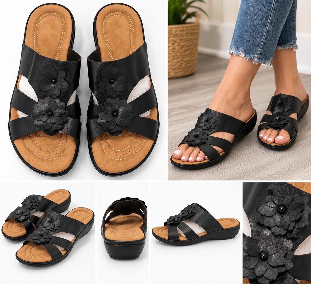 Women’s Black Floral Slide Sandals – Size 12